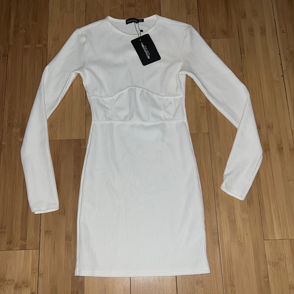 PRETTYLITTLETHING white cotton rubbed long sleeve body con dress for women